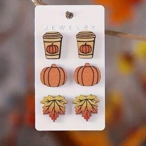 3 Pair Set Wood Fall Thanksgiving Themed Earrings